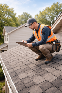 Caucasian main in a baseball cap and reflective gear, holding a clipboard on the roof during an inspection