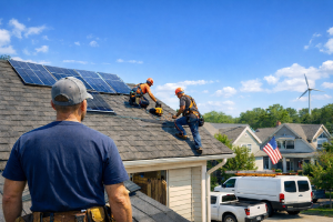 Roofing crew and solar crew performing work on a roof