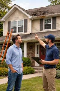 A roofing salesman and a homeowners looking at missing shingles and roof leak